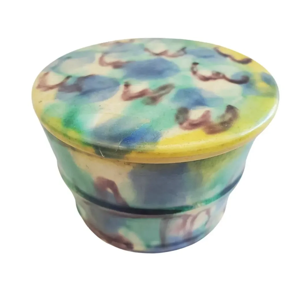 Antique 20s Multi Color Ceramic Pot & Lid Japanese Awaji Majolica Spinach Jar